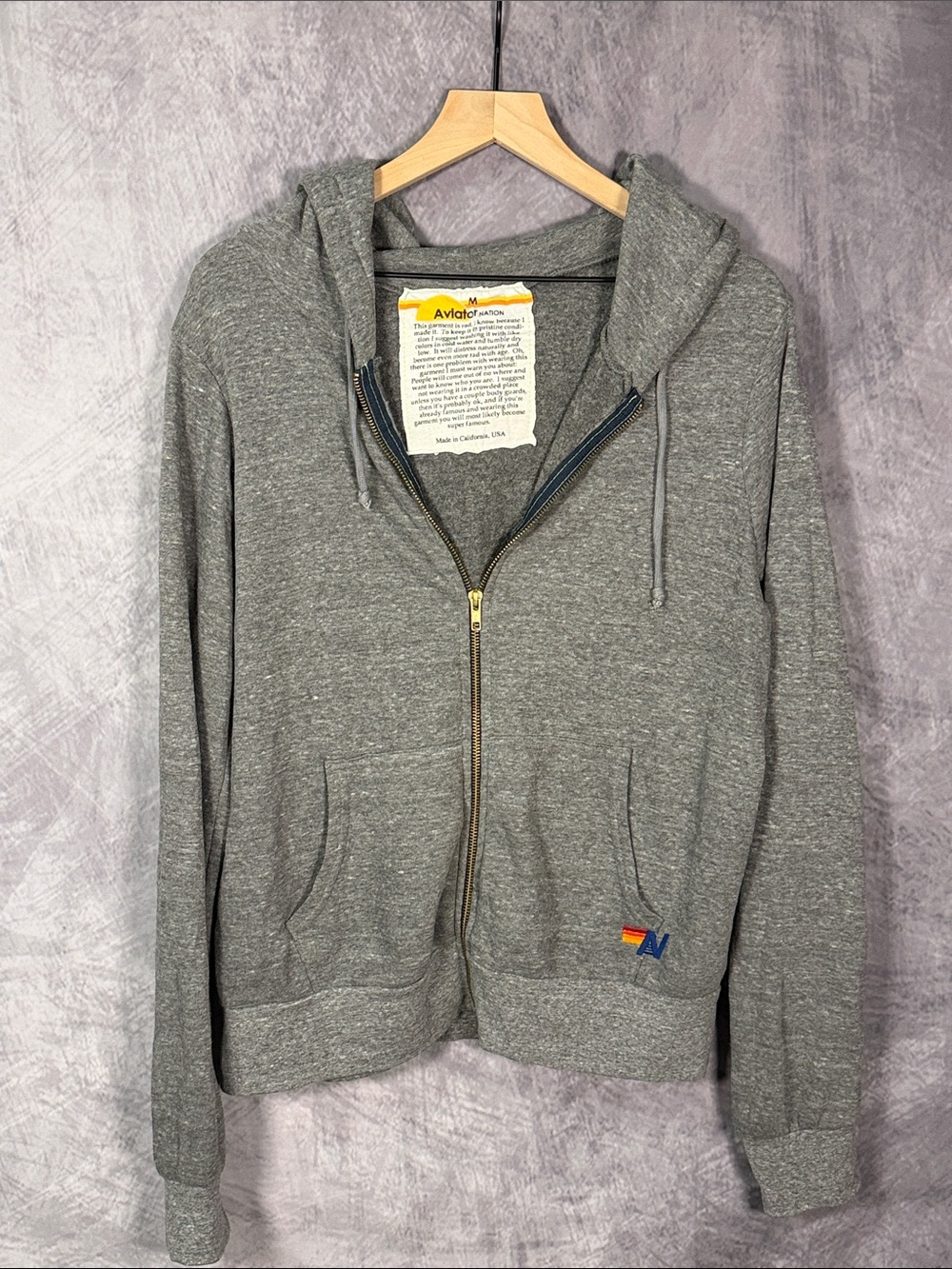 Aviator Nation Gray Zip Hoodie with Subtle Stripe Patch